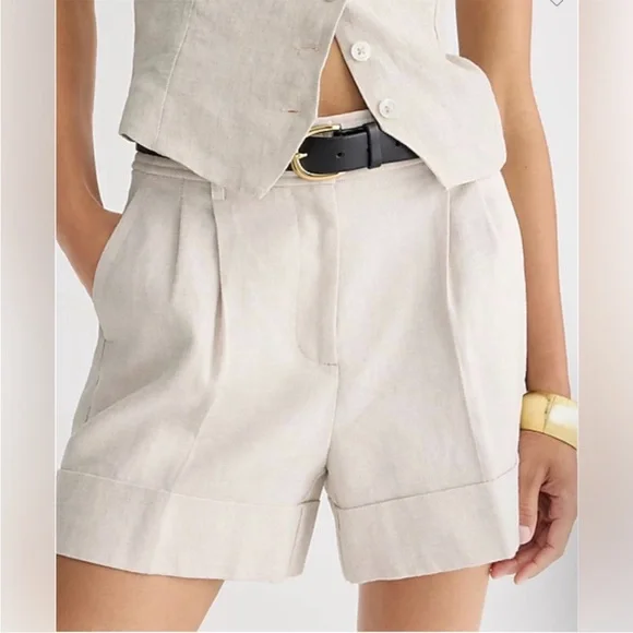 J. Crew Remi Linen-Blend Pleated High-Rise Shorts Flax NWOT Sz 0 - Picture 1 of 10